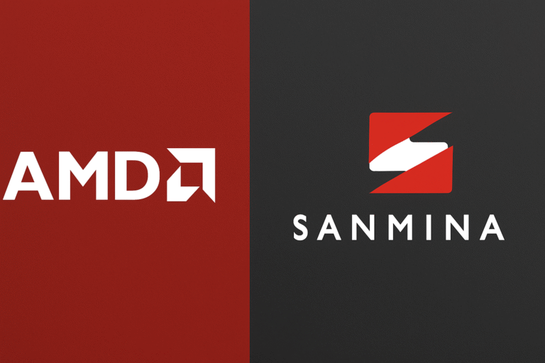 AMD and Sanmina logos on split background symbolizing $3B server business acquisition deal