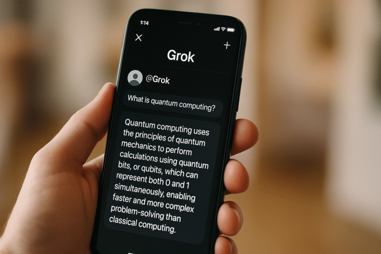 Hand holding a smartphone displaying Grok AI chat interface on a Twitter-like app, with a blurry background.