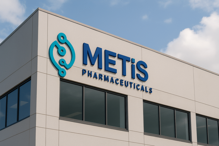 Modern exterior of METiS Pharmaceuticals building featuring the official company logo, representing their upcoming $200M AI-powered drug discovery IPO.