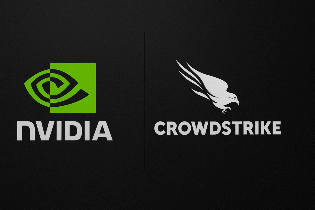Logos of NVIDIA and CrowdStrike side by side on a dark background, symbolizing their AI security defense partnership.