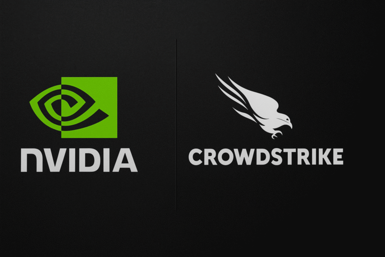 Logos of NVIDIA and CrowdStrike side by side on a dark background, symbolizing their AI security defense partnership.