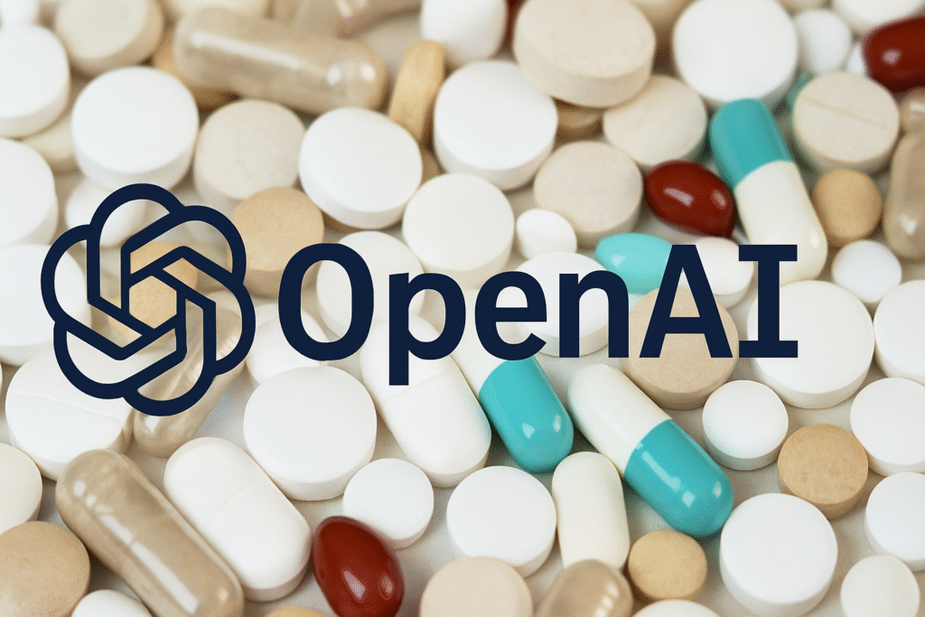 OpenAI logo clearly displayed in front of a background filled with pharmaceutical drugs and capsules, symbolizing AI collaboration in drug evaluation.