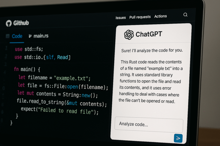 Laptop screen displaying GitHub code editor with Rust code and ChatGPT analyzing the code in a chat interface.