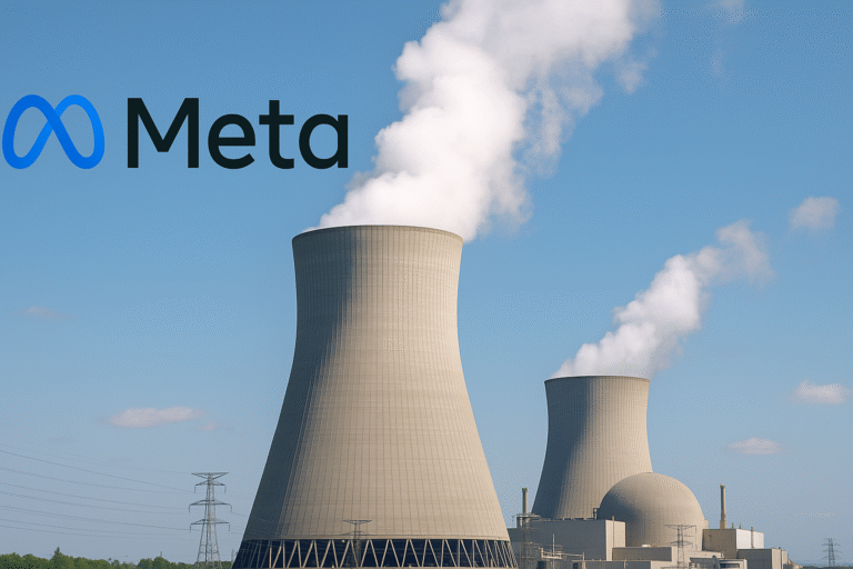 Meta logo beside a modern nuclear power plant with cooling towers emitting white steam against a clear blue sky.Meta logo beside a modern nuclear power plant with cooling towers emitting white steam against a clear blue sky.